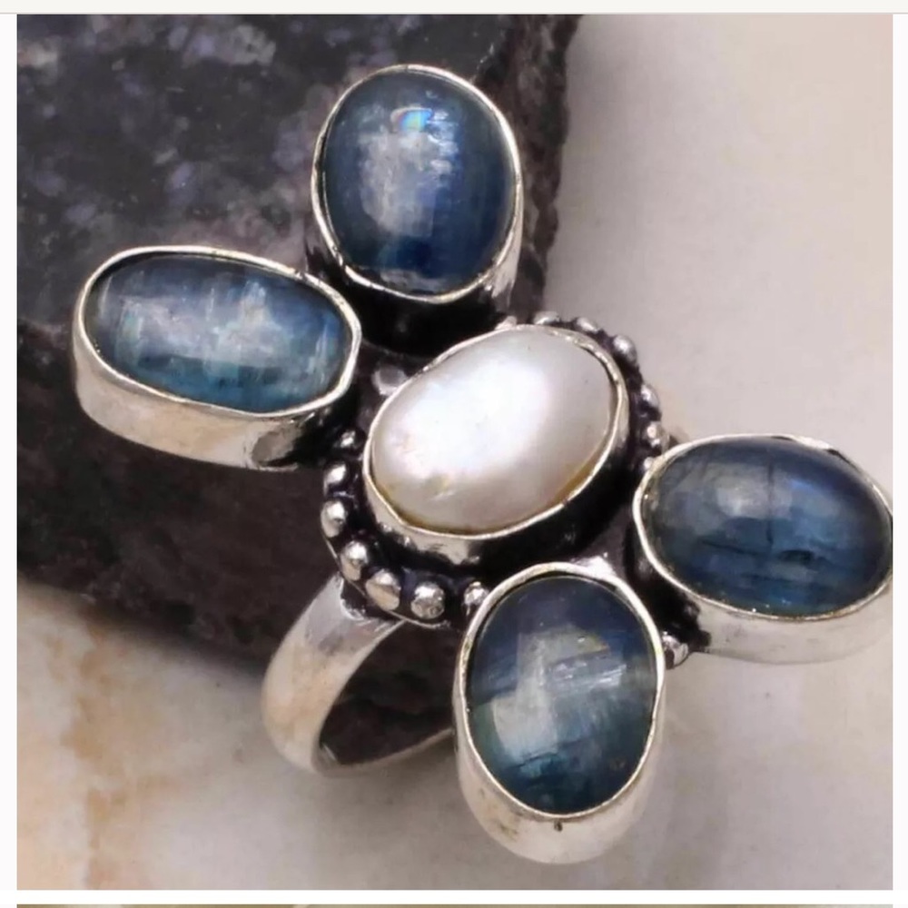 New Sterling Silver 4 Kyanite Cabochon with Pearl Ring Size 8